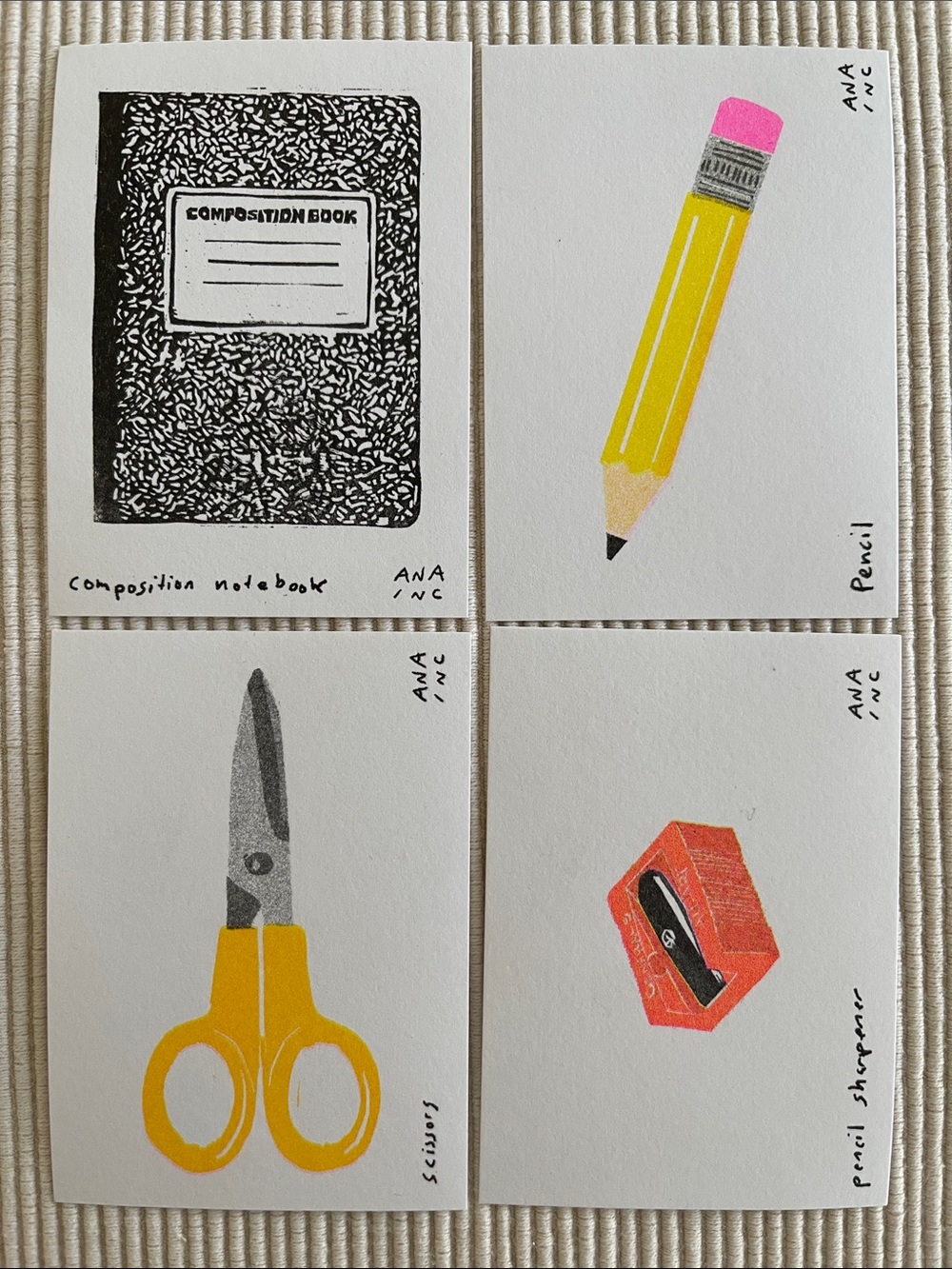 Anastasia Inciardi Set of 4 Mini Prints - Notebook, Pencil, Scissors, Sharpener